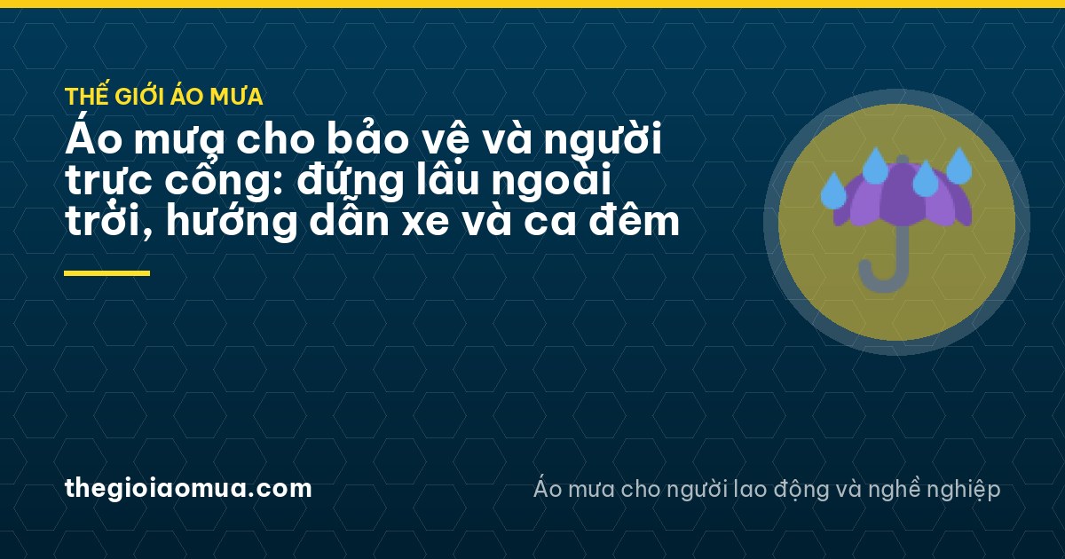 Security guard in a long dark green raincoat with reflective bands guiding a car into a wet parking lot at night, seen from behind, headlight glare on puddles